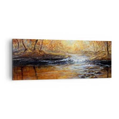 Bild auf Leinwand - Leinwandbild - Herbstlandschaft mit einem Fluss zwischen den Bäumen - 140x50cm - Der goldene Strom - Moderne Wanddekoration für Wohnzimmer und Schlafzimmer ARTTOR