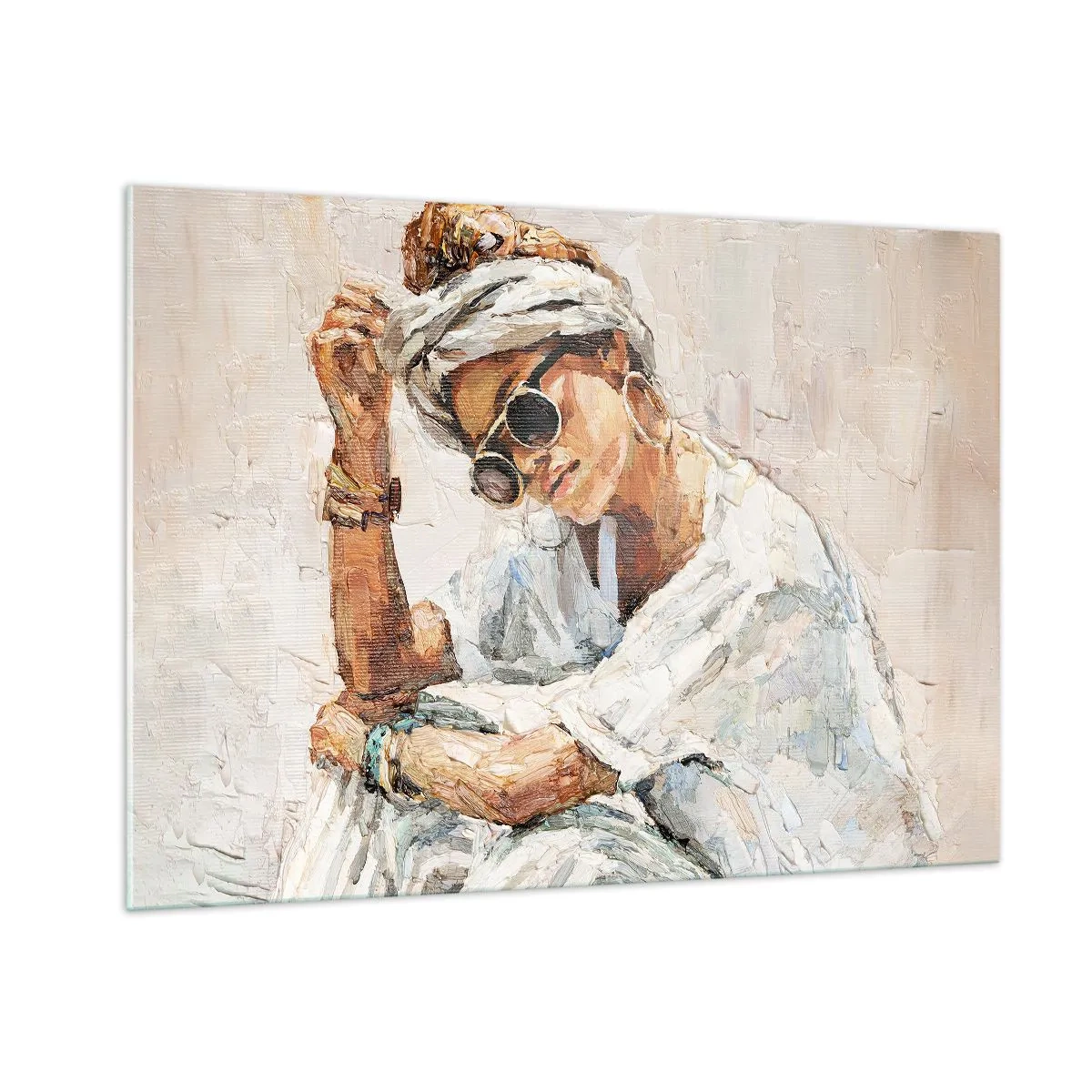 Glasbild - Bild auf glas - Porträt einer Frau mit Brille und Turban, gemalt mit einem Spachtel - 100x70cm - Porträt in voller Sonne - Moderne Wanddekoration für Wohnzimmer und Schlafzimmer ARTTOR