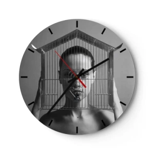 Wanduhr - Glasuhr - Frau mit einem Käfig im Gesicht im Schwarz-Weiß-Stil - 30x30cm - Ein leicht surreales Portrait - Moderne Wanddekoration für Wohnzimmer, Küche und Schlafzimmer ARTTOR