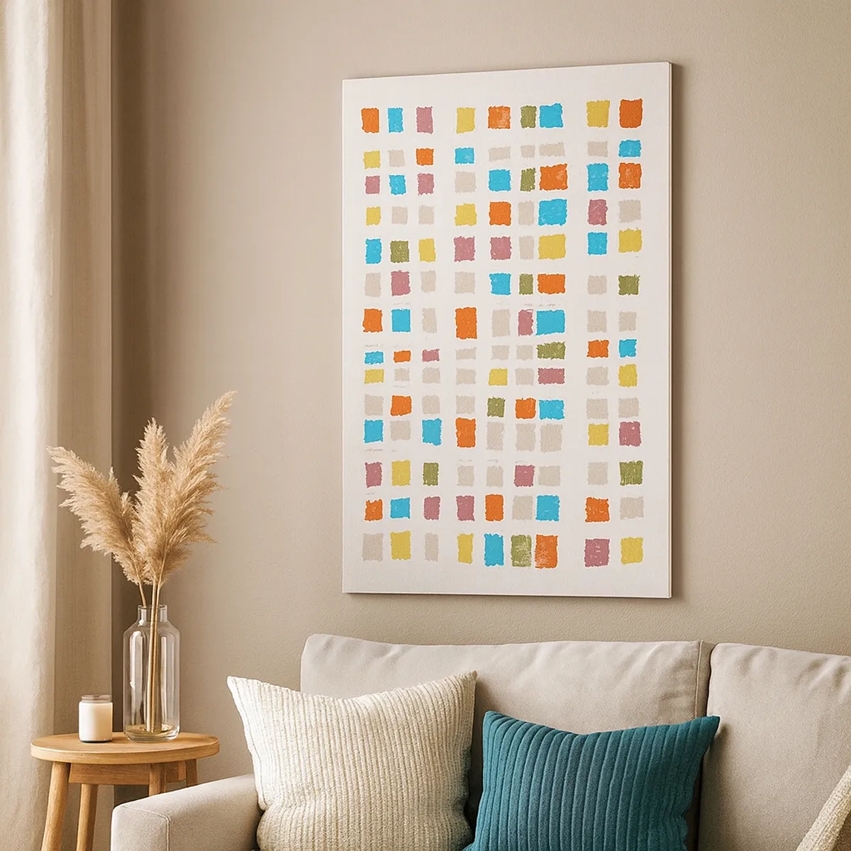 Bild auf Leinwand - Leinwandbild - Bunte Quadrate in minimalistischer Anordnung auf weißem Hintergrund - 50x70cm - Unbekanntes Spiel - Moderne Wanddekoration für Wohnzimmer und Schlafzimmer ARTTOR