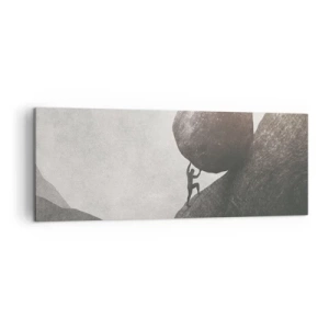 Bild auf Leinwand - Leinwandbild - Ein Mann klettert einen riesigen Felsbrocken einen Hügel hinauf - 140x50cm - Ich glaube wider alle Hoffnung - Moderne Wanddekoration für Wohnzimmer und Schlafzimmer ARTTOR