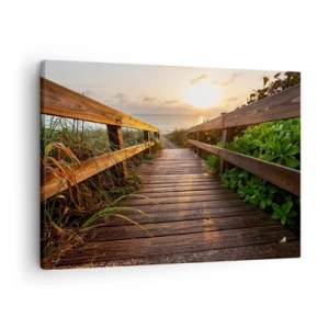 Bild auf Leinwand - Leinwandbild - Holzsteg zum Strand bei Sonnenuntergang - 70x50cm - Und direkt ans Ufer - Moderne Wanddekoration für Wohnzimmer und Schlafzimmer ARTTOR