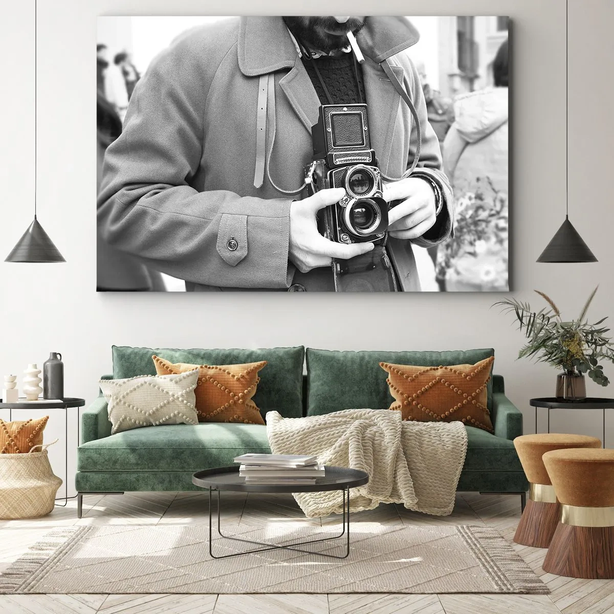 Bild auf Leinwand - Leinwandbild - Schwarz-Weiß-Foto eines Mannes mit einer Retro-Kamera - 120x80cm - Retro-Stil - Moderne Wanddekoration für Wohnzimmer und Schlafzimmer ARTTOR