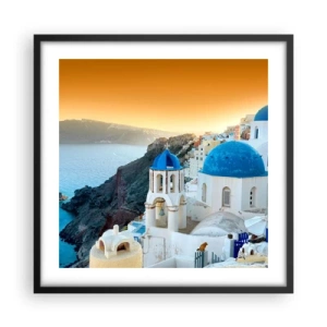 Poster in einem schwarzem Rahmen - Santorini - an die Felsen gekuschelt - 50x50 cm