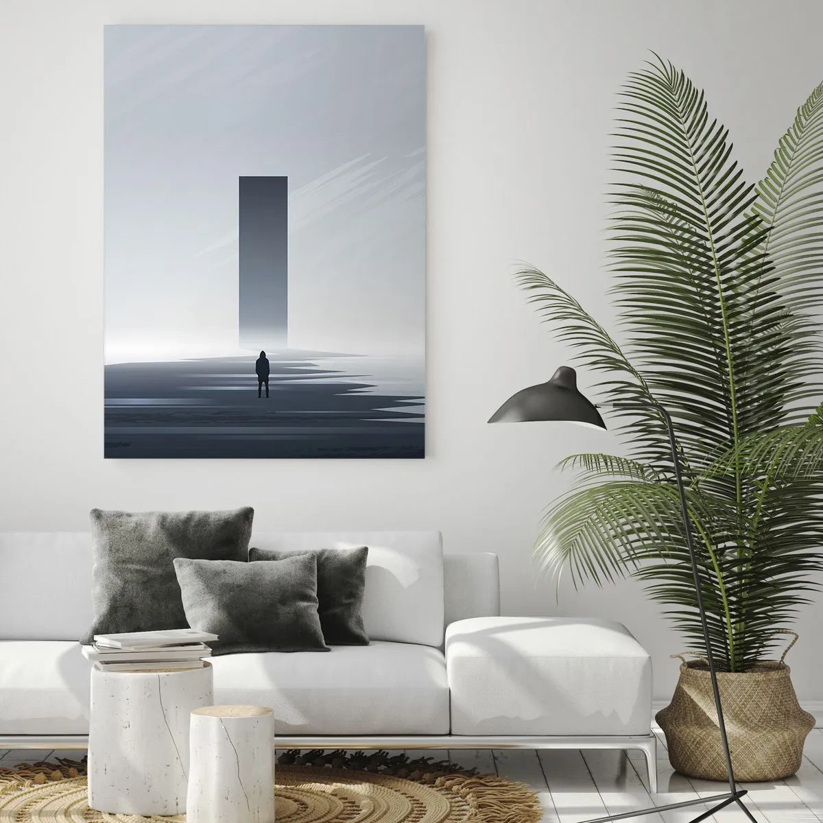 Glasbild - Bild auf glas - Eine minimalistische Landschaft mit einer Silhouette neben einem rechteckigen Monolithen - 80x120cm - Chance oder Bedrohung? - Moderne Wanddekoration für Wohnzimmer und Schlafzimmer ARTTOR