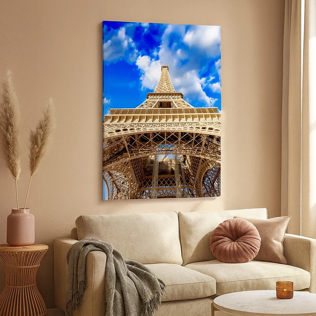 Bild auf Leinwand - Leinwandbild - Der Eiffelturm von unten vor blauem Himmel - 50x70cm - In den Himmel und in die Wolken gehen - Moderne Wanddekoration für Wohnzimmer und Schlafzimmer ARTTOR
