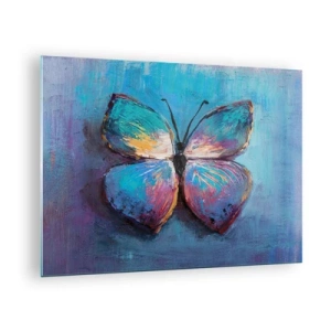 Glasbild - Bild auf glas - Ein bunter Schmetterling vor einem Hintergrund aus abstrakten Farben in Blau- und Lilatönen. - 70x50cm - In all seiner Pracht - Moderne Wanddekoration für Wohnzimmer und Schlafzimmer ARTTOR