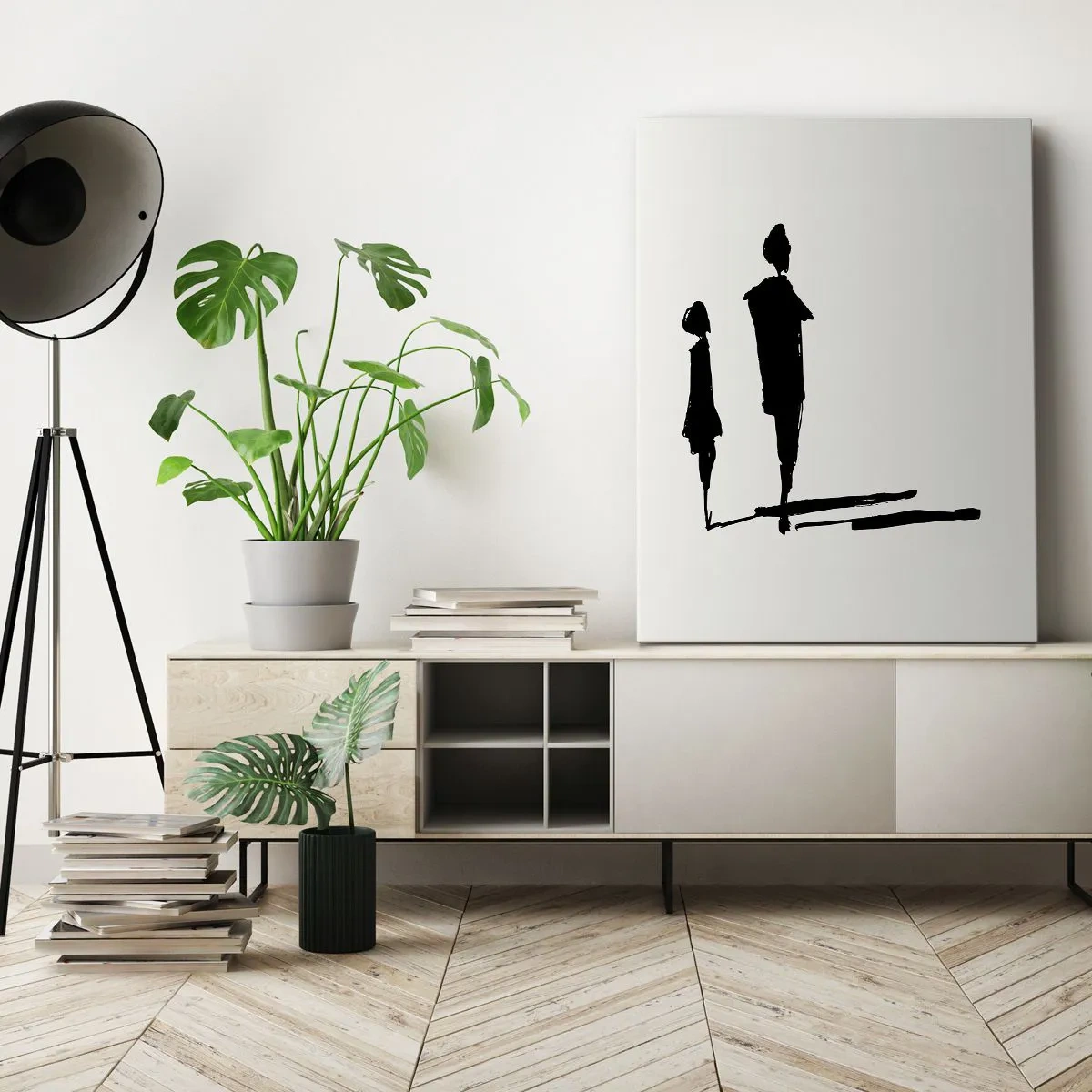 Bild auf Leinwand - Leinwandbild - Silhouetten von zwei Menschen in Schwarz auf hellem Hintergrund - 80x120cm - Mit Sicherheit zusammen? - Moderne Wanddekoration für Wohnzimmer und Schlafzimmer ARTTOR