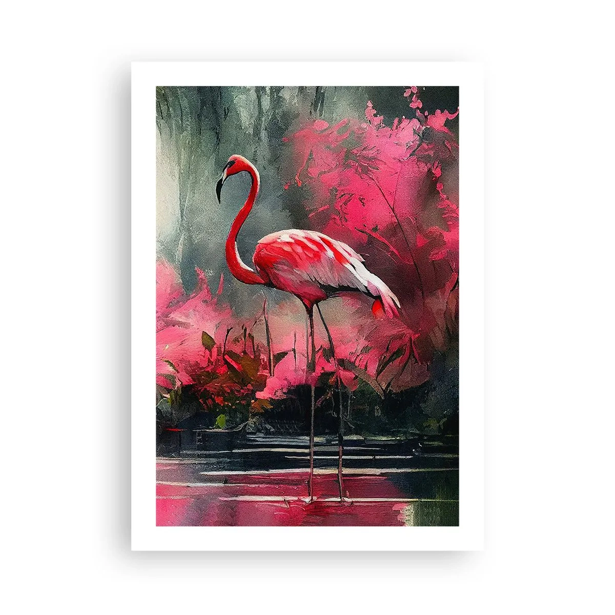 Poster - Ein Flamingo, umgeben von rosa Vegetation am Wasser - 50x70cm - Lektion in natürlicher Anmut - Moderne Wanddekoration für Wohnzimmer und Schlafzimmer ARTTOR