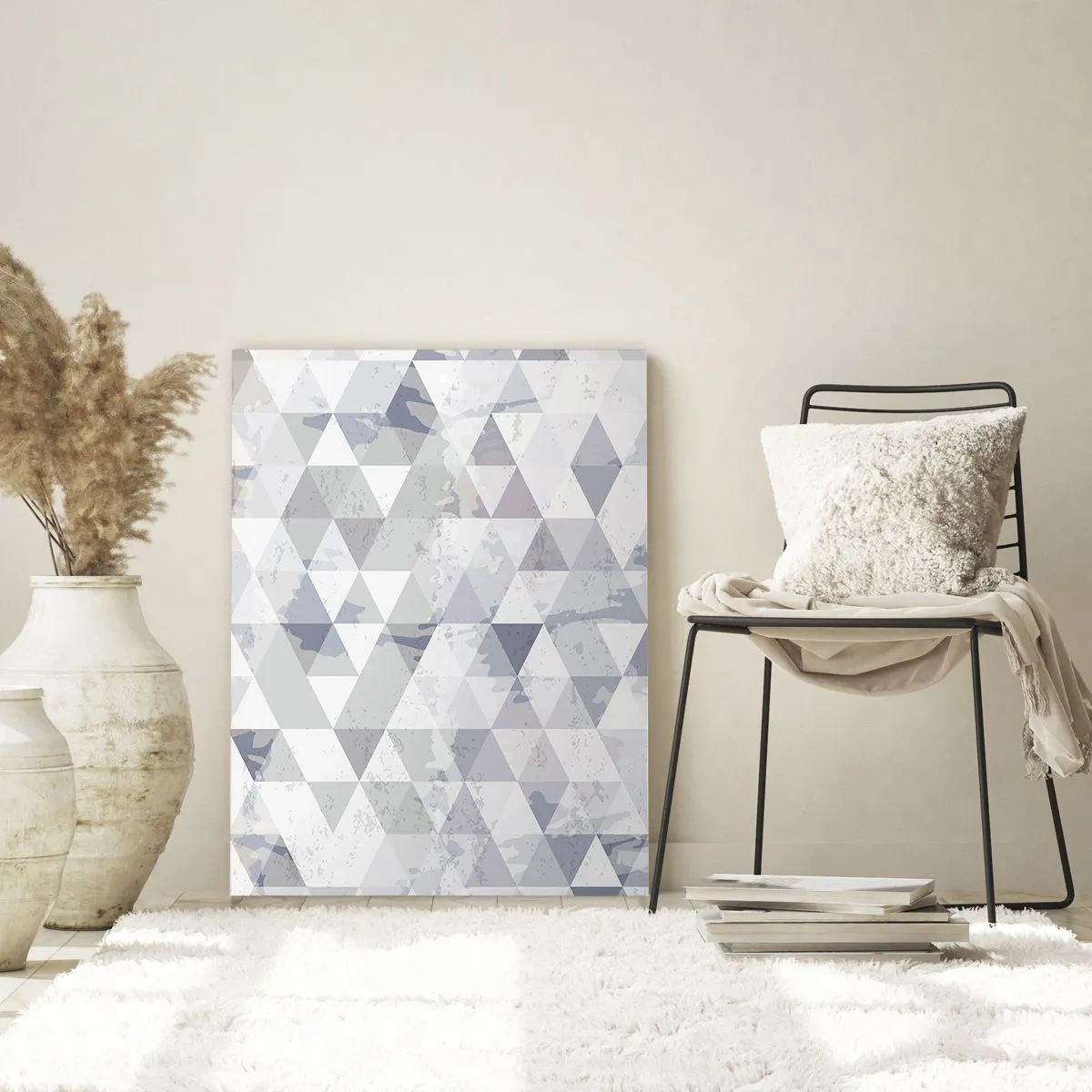 Glasbild - Bild auf glas - Geometrisches Dreiecksmuster in neutralen Grau- und Beigetönen - 50x70cm - Im Rhythmus auf drei - Moderne Wanddekoration für Wohnzimmer und Schlafzimmer ARTTOR