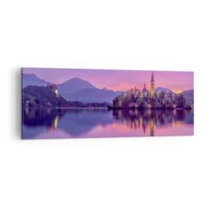 Bild auf Leinwand - Leinwandbild - See mit einer Insel und einer Kirche bei Sonnenuntergang - 140x50cm - Eine märchenhafte Insel in der Abenddämmerung - Moderne Wanddekoration für Wohnzimmer und Schlafzimmer ARTTOR