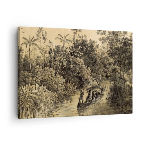Bild auf Leinwand - Leinwandbild - Zeichnung eines Dschungels mit einem Boot auf einem Fluss - 70x50cm - Expedition zur Quelle - Moderne Wanddekoration für Wohnzimmer und Schlafzimmer ARTTOR