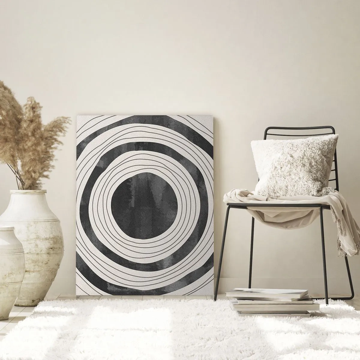 Glasbild - Bild auf glas - Schwarze und weiße konzentrische Kreise auf hellem Hintergrund - 70x100cm - Auf den Punkt gebracht - Moderne Wanddekoration für Wohnzimmer und Schlafzimmer ARTTOR