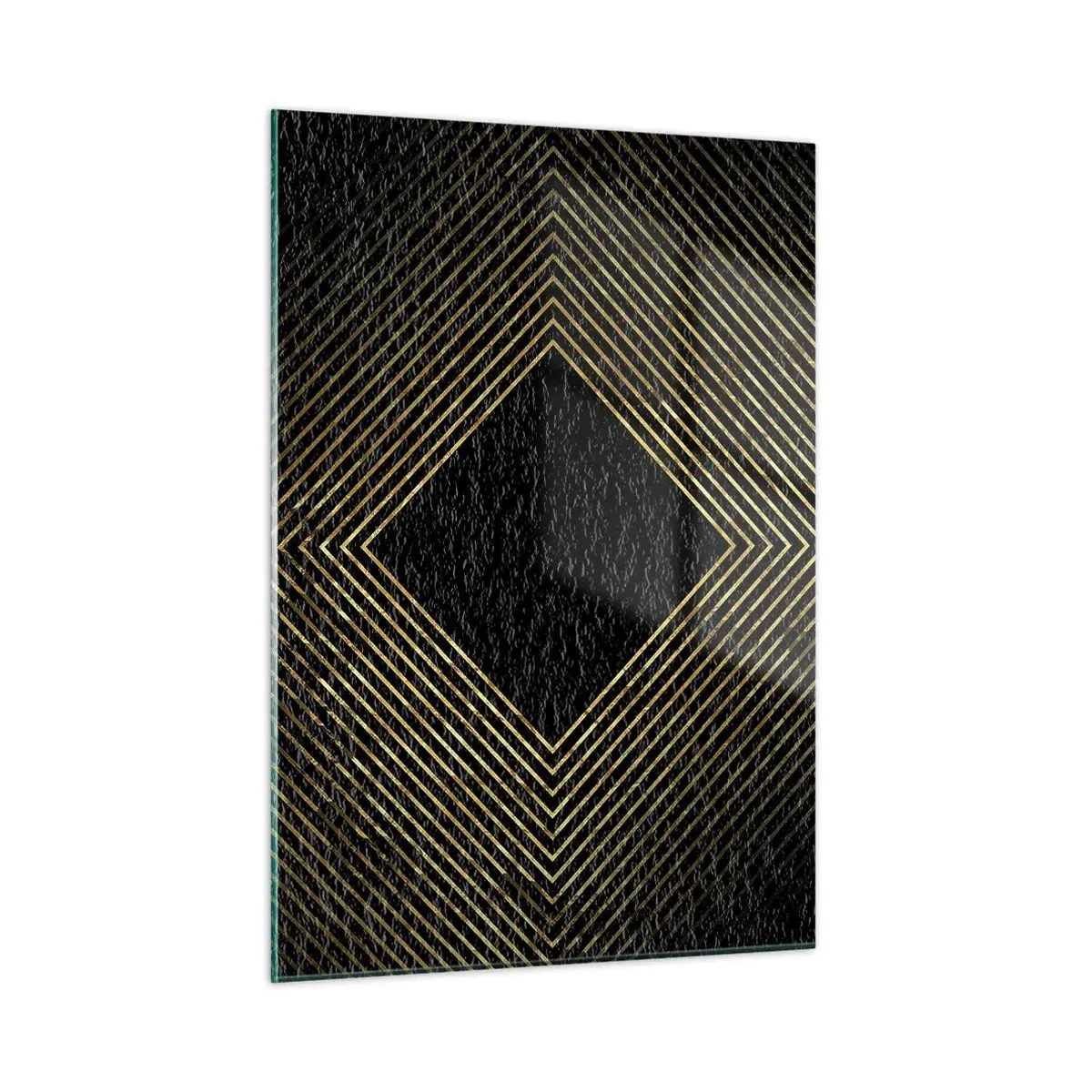 Glasbild - Bild auf glas - Goldener Diamant mit geometrischen Linien auf schwarzem Hintergrund - 50x70cm - Geometrie im glamourösen Stil - Moderne Wanddekoration für Wohnzimmer und Schlafzimmer ARTTOR