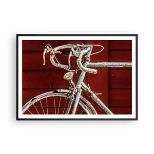 Poster in einem schwarzem Rahmen - Ein Vintage-Fahrrad vor einer roten Holzwand - 100x70cm - Geschaffen um zu siegen - Moderne Wanddekoration für Wohnzimmer und Schlafzimmer ARTTOR