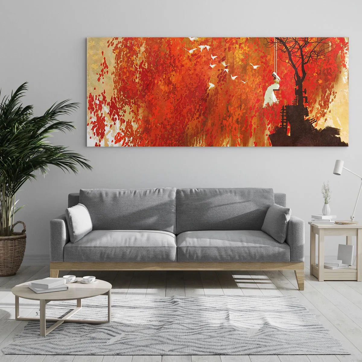 Glasbild - Bild auf glas - Eine Figur auf einer Schaukel neben einem Baum, umgeben von roten Blättern - 120x50cm - Wird er mit ihnen fliegen? - Moderne Wanddekoration für Wohnzimmer und Schlafzimmer ARTTOR