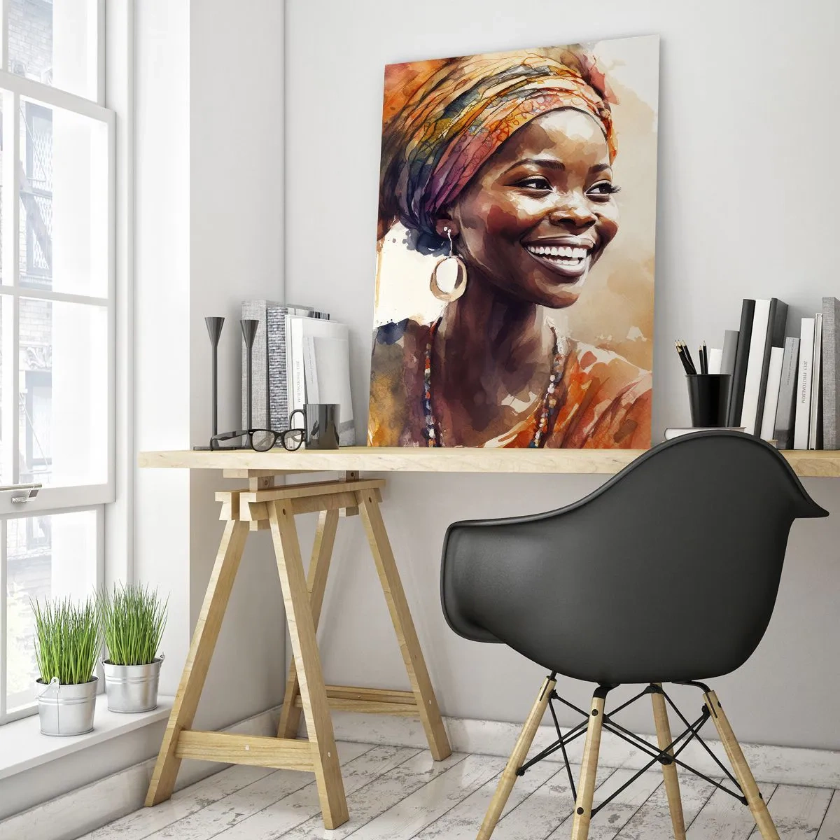 Glasbild - Bild auf glas - Aquarellporträt einer lächelnden Frau mit Turban - 50x70cm - Afrikanische Königin - Moderne Wanddekoration für Wohnzimmer und Schlafzimmer ARTTOR