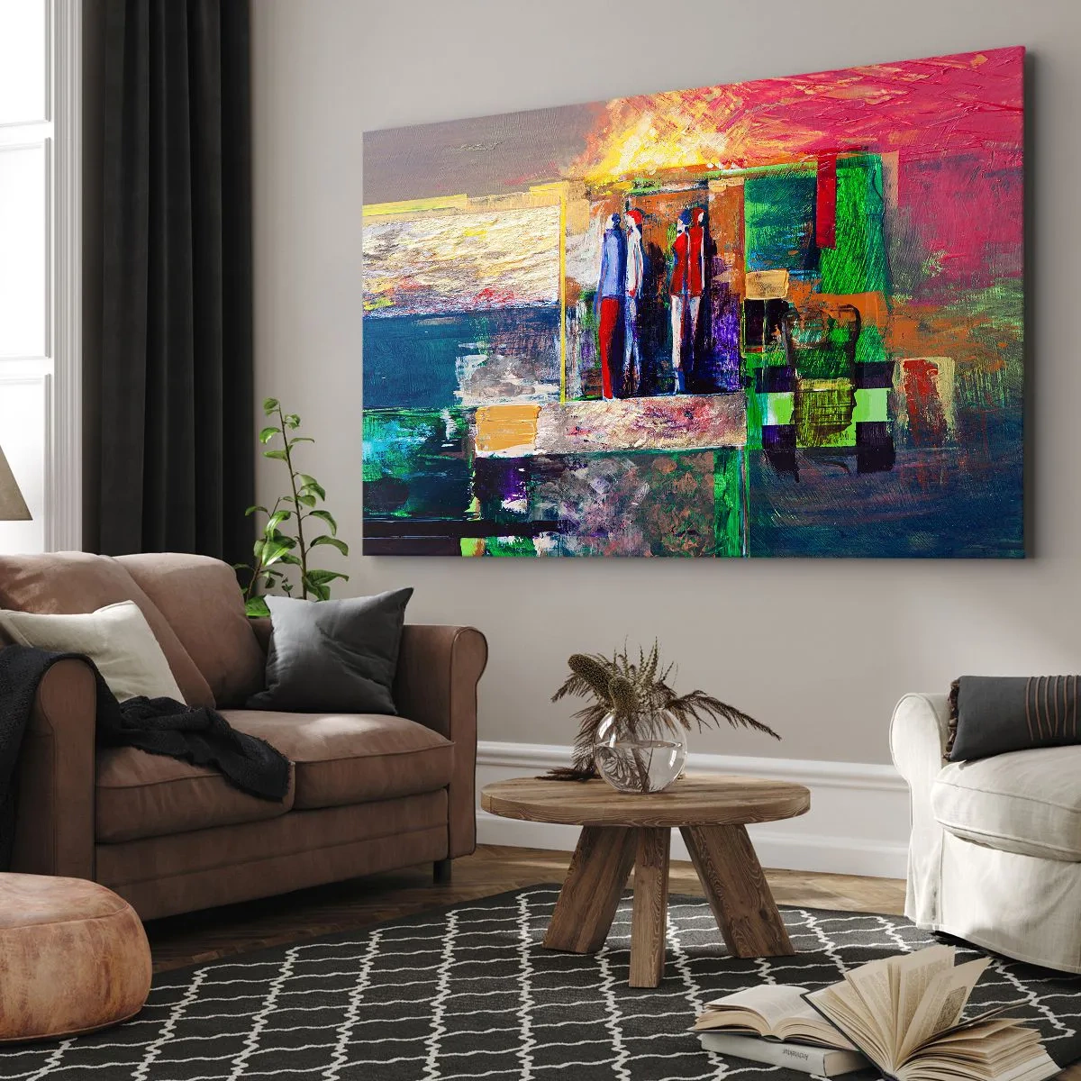 Bild auf Leinwand - Leinwandbild - Abstrakte Komposition mit Figuren und geometrischen Mustern - 100x70cm - Beziehungen und Emotionen - Moderne Wanddekoration für Wohnzimmer und Schlafzimmer ARTTOR
