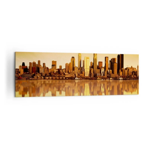 Bild auf Leinwand - Leinwandbild - Stadtpanorama spiegelt sich im Wasser bei Sonnenuntergang - 160x50cm - Die Stille der Metropole - Moderne Wanddekoration für Wohnzimmer und Schlafzimmer ARTTOR
