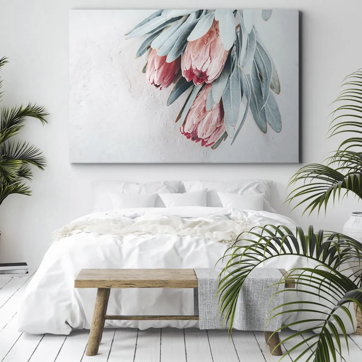 Bild auf Leinwand - Leinwandbild - Dezente rosa Protea-Blüten auf hellem Hintergrund - 100x70cm - Schämen sich für ihre eigene Schönheit - Moderne Wanddekoration für Wohnzimmer und Schlafzimmer ARTTOR