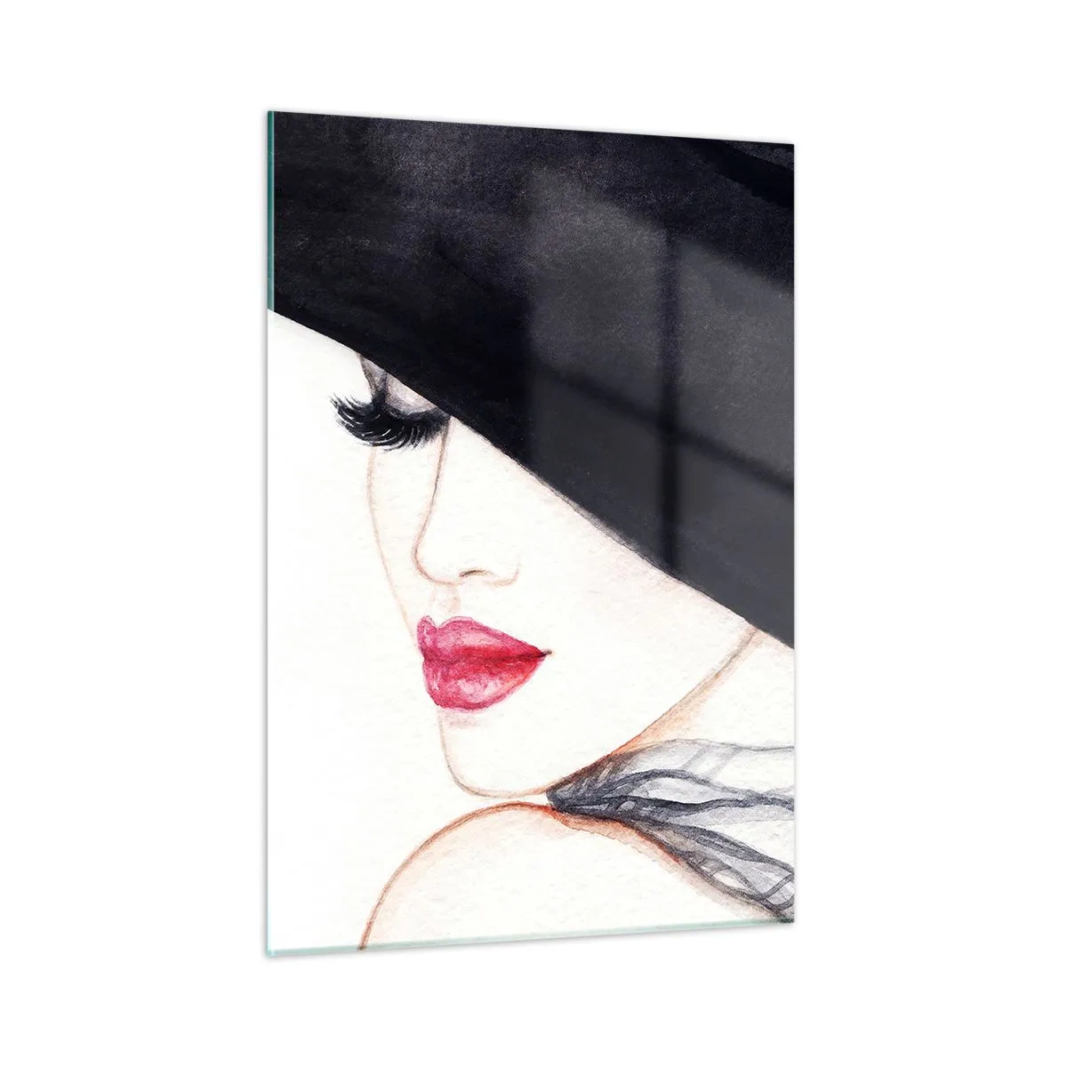 Glasbild - Bild auf glas - Ein subtiles Porträt einer Frau mit Hut und roten Lippen - 50x70cm - Eleganz und Sinnlichkeit - Moderne Wanddekoration für Wohnzimmer und Schlafzimmer ARTTOR
