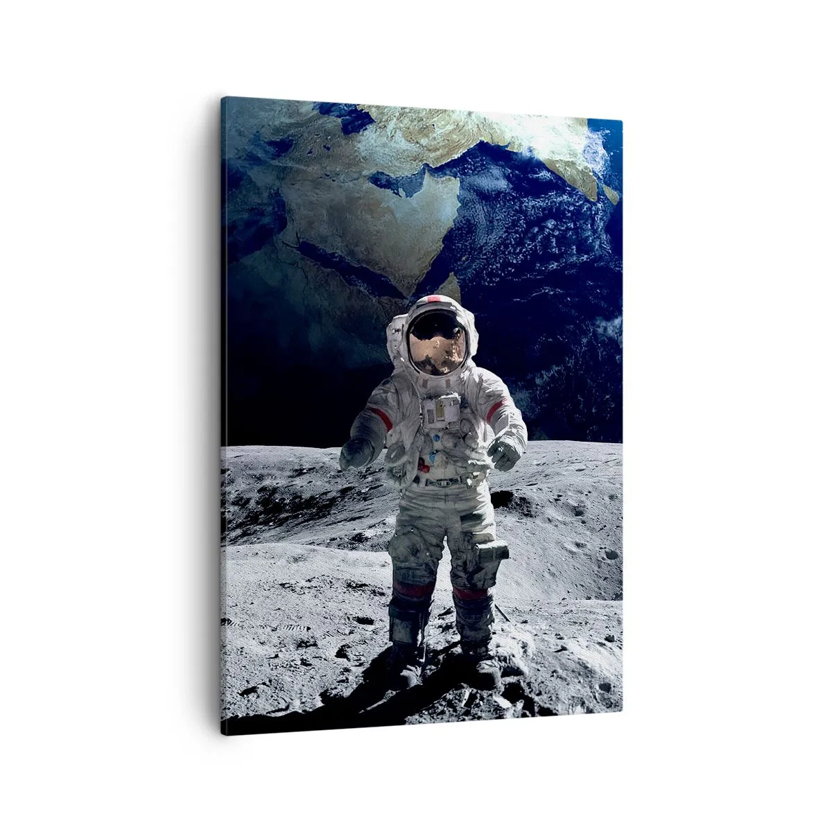 Bild auf Leinwand - Leinwandbild - Astronaut auf der Mondoberfläche mit der Erde im Hintergrund - 50x70cm - Grüße vom Mond - Moderne Wanddekoration für Wohnzimmer und Schlafzimmer ARTTOR