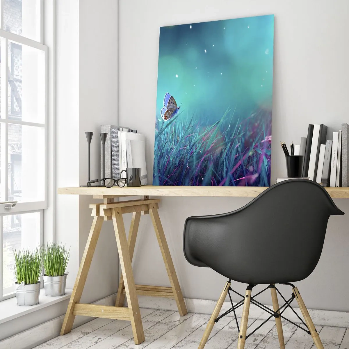 Glasbild - Bild auf glas - Schmetterling auf dem Gras in Pastelllicht - 50x70cm - Das geheime Leben der Wiese - Moderne Wanddekoration für Wohnzimmer und Schlafzimmer ARTTOR