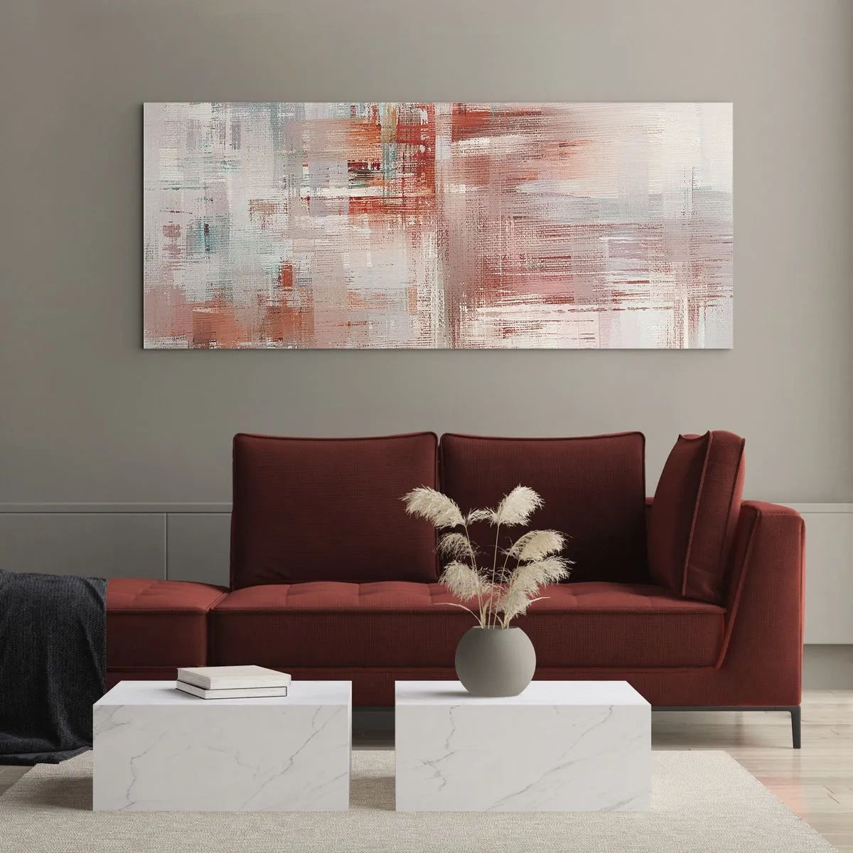 Glasbild - Bild auf glas - Eine abstrakte Komposition mit Rottönen und Pastellfarben. - 120x50cm - Dunstig. Aber rosa - Moderne Wanddekoration für Wohnzimmer und Schlafzimmer ARTTOR