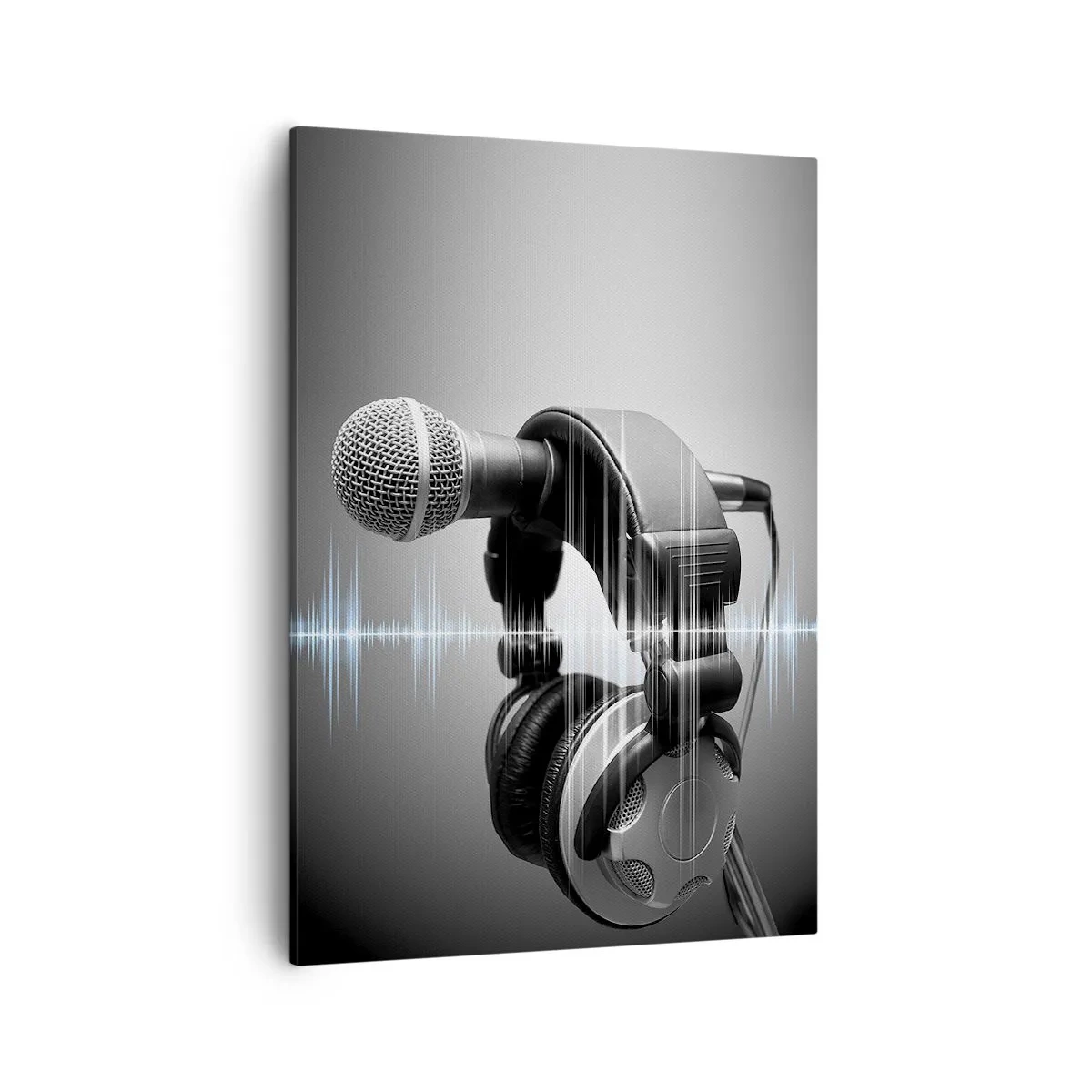 Bild auf Leinwand - Leinwandbild - Mikrofon und Kopfhörer mit Schallwellenvisualisierung im Hintergrund - 50x70cm - Du kannst immer noch den Gesang hören - Moderne Wanddekoration für Wohnzimmer und Schlafzimmer ARTTOR