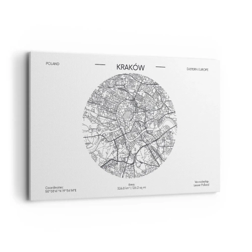 Bild auf Leinwand - Leinwandbild - Eine Karte von Krakau im minimalistischen Stil - 120x80cm - Anatomie von Krakau - Moderne Wanddekoration für Wohnzimmer und Schlafzimmer ARTTOR
