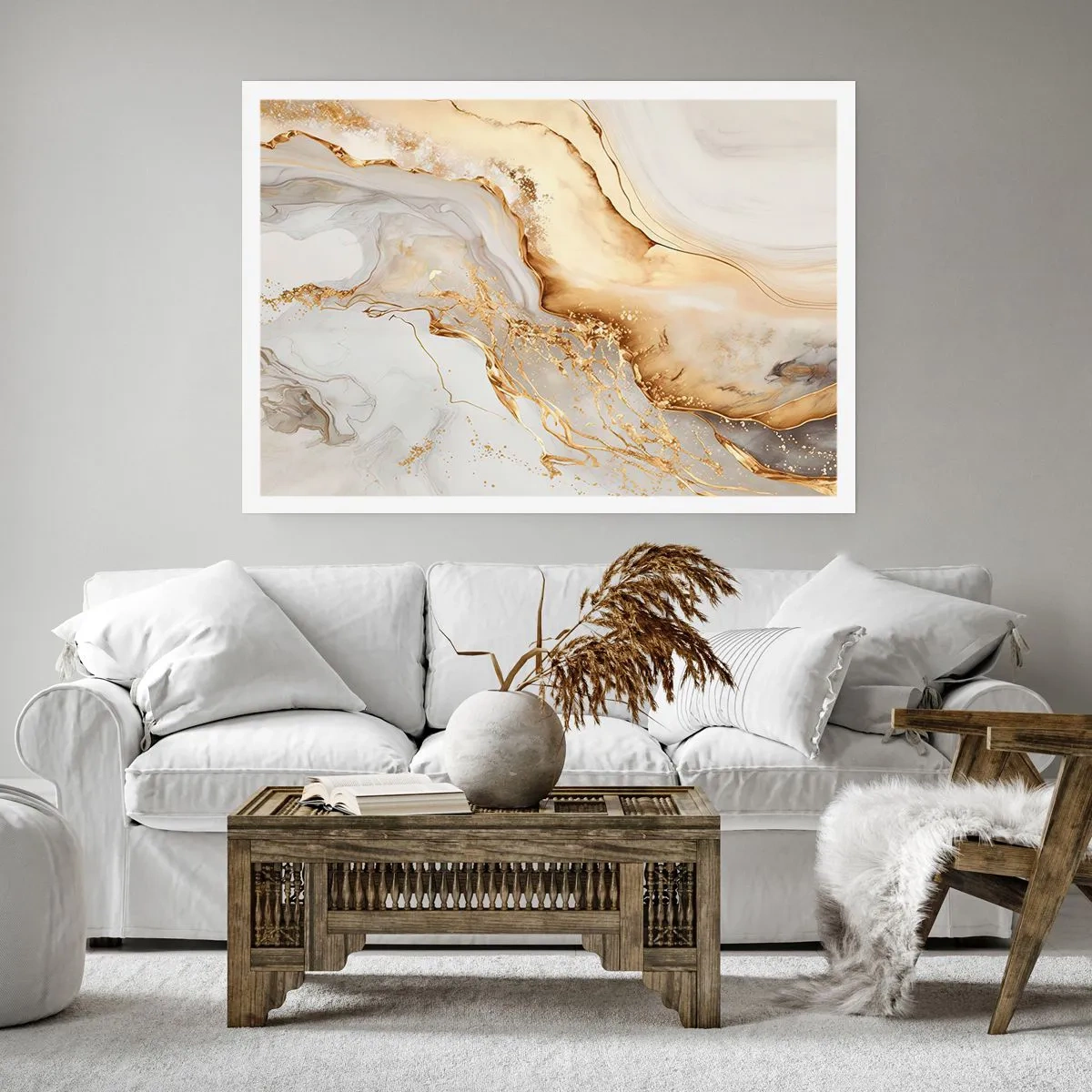 Poster - Abstrakte Muster aus Gold und Marmor auf hellem Hintergrund - 100x70cm - Abstraktion: Schönheit und Güte - Moderne Wanddekoration für Wohnzimmer und Schlafzimmer ARTTOR
