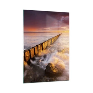 Glasbild - Bild auf glas - Sonnenuntergang über dem Meer mit einem hölzernen Wellenbrecher - 50x70cm - Die Sanftheit der Wellen - Moderne Wanddekoration für Wohnzimmer und Schlafzimmer ARTTOR