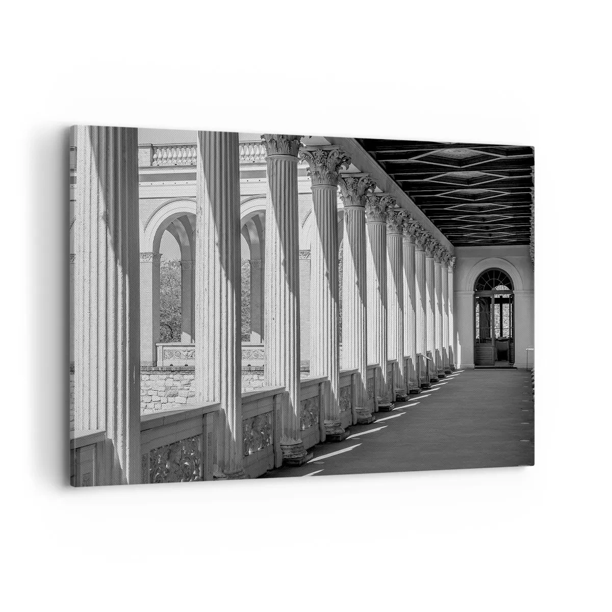Bild auf Leinwand - Leinwandbild - Kolonnade im klassischen Stil in Schwarz und Weiß - 120x80cm - Sonnige Arkade - Moderne Wanddekoration für Wohnzimmer und Schlafzimmer ARTTOR