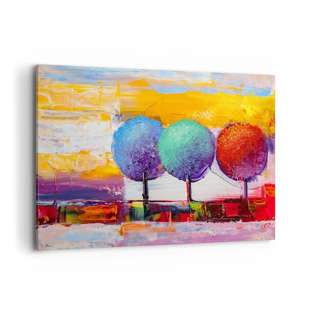 Bild auf Leinwand - Leinwandbild - Drei bunte Bäume auf abstraktem Hintergrund - 120x80cm - Aller guten Dinge sind drei - Moderne Wanddekoration für Wohnzimmer und Schlafzimmer ARTTOR
