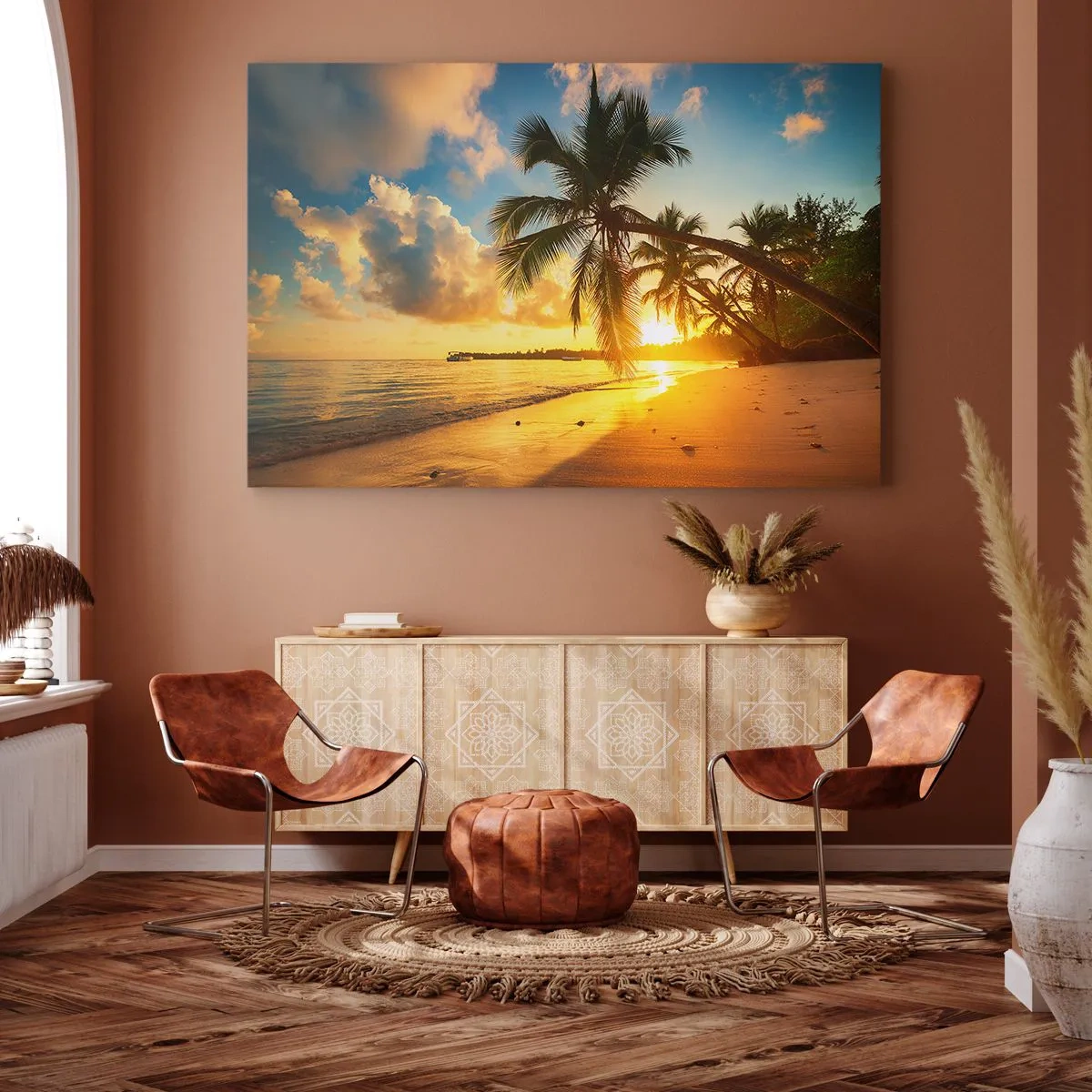 Bild auf Leinwand - Leinwandbild - Sonnenuntergang am Strand mit Palmen an der Küste - 70x50cm - Karibischer Traum - Moderne Wanddekoration für Wohnzimmer und Schlafzimmer ARTTOR