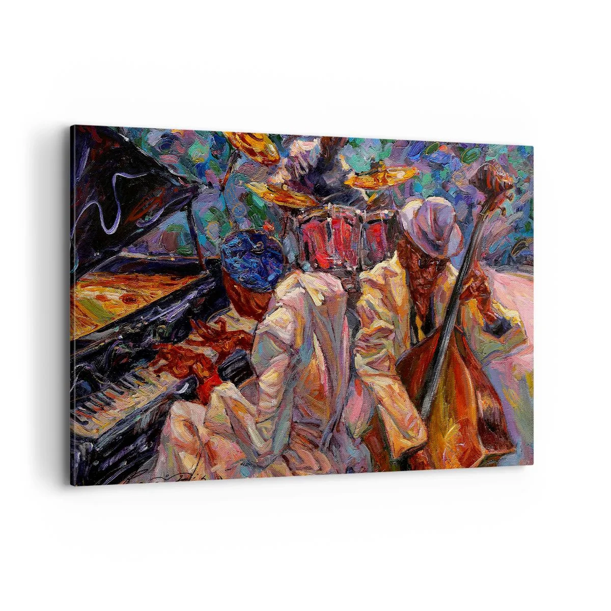 Bild auf Leinwand - Leinwandbild - Energetische Jazzszene mit Musikern und Instrumenten - 120x80cm - In einem Schlag - Moderne Wanddekoration für Wohnzimmer und Schlafzimmer ARTTOR