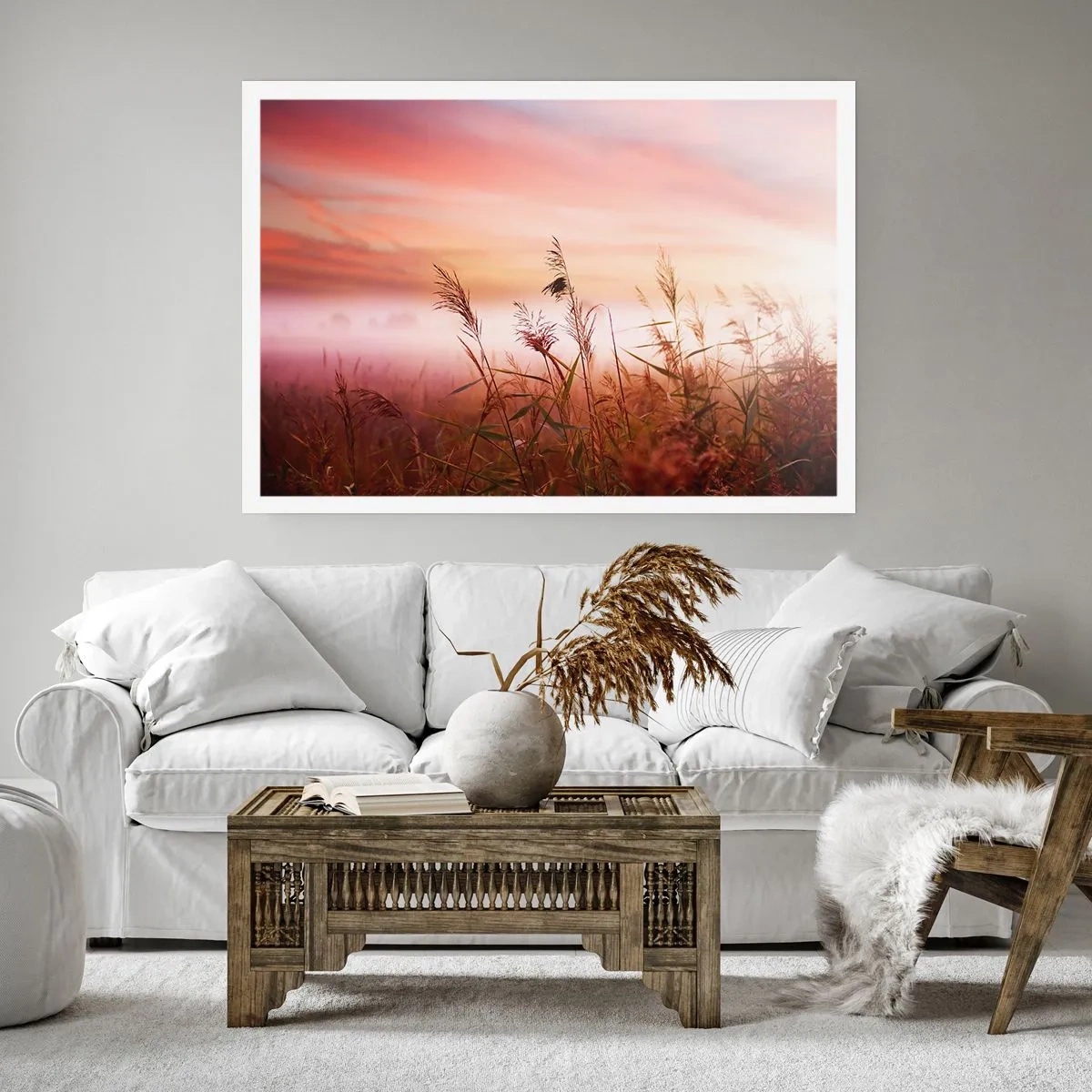 Poster - Ein Grasfeld vor der Kulisse eines malerischen Sonnenuntergangs - 100x70cm - Drachen, Löwenzahn, Wind - Moderne Wanddekoration für Wohnzimmer und Schlafzimmer ARTTOR