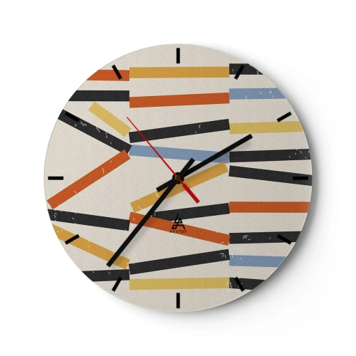 Wanduhr - Glasuhr - Farbige und schwarze Rechtecke horizontal angeordnet auf hellem Hintergrund - 30x30cm - Komposition auf der Ebene - Moderne Wanddekoration für Wohnzimmer, Küche und Schlafzimmer ARTTOR