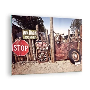 Glasbild - Bild auf glas - Holzzaun mit Vintage-Schildern und Rädern - 70x50cm - Und die Zeit ist stehen geblieben - Moderne Wanddekoration für Wohnzimmer und Schlafzimmer ARTTOR