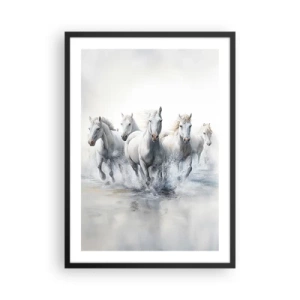 Poster in einem schwarzem Rahmen - Weiße Pferde galoppieren durch Wasser in einer dynamischen Umgebung - 50x70cm - Weiße Magie - Moderne Wanddekoration für Wohnzimmer und Schlafzimmer ARTTOR