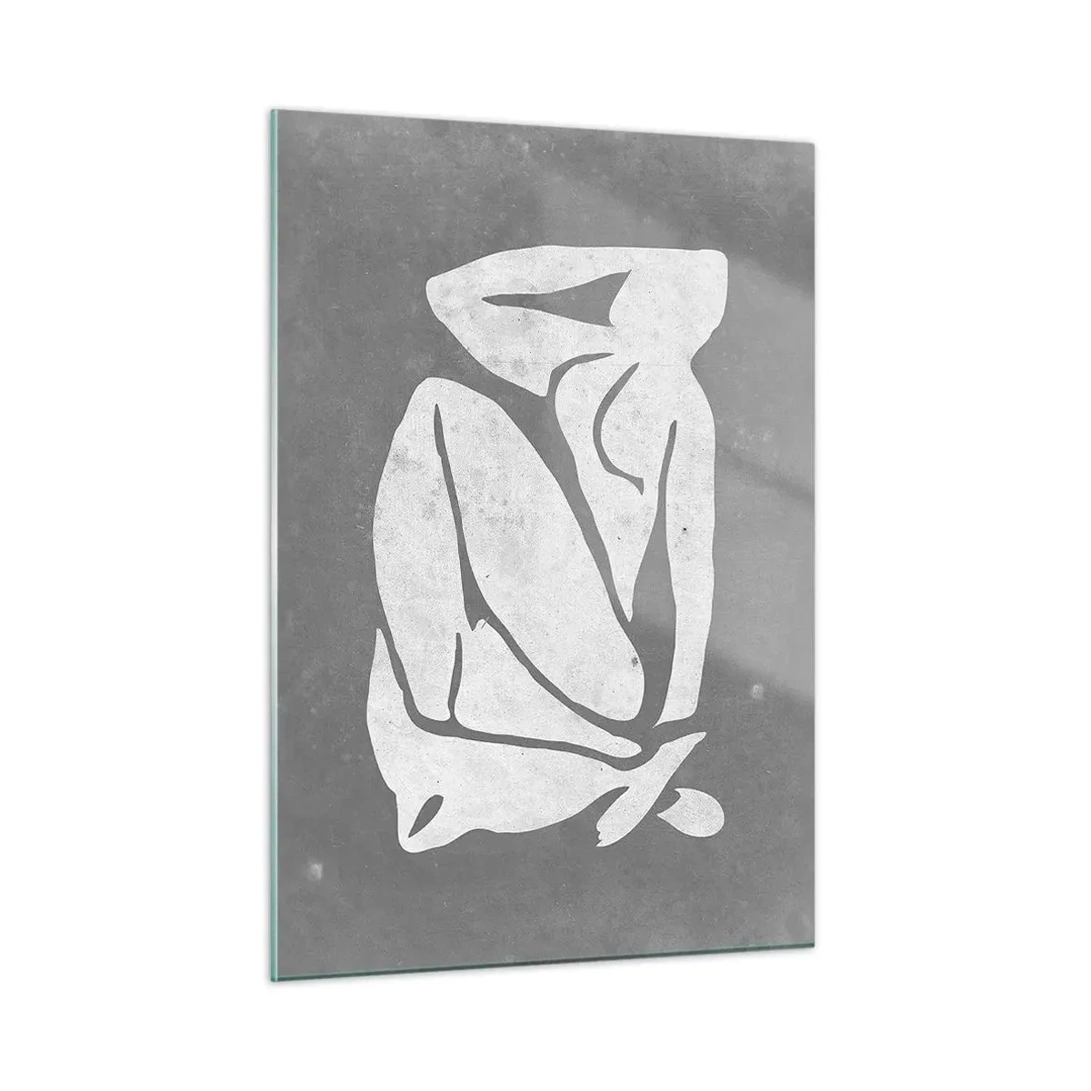 Glasbild - Bild auf glas - Eine minimalistische Silhouette einer Frau auf grauem Hintergrund - 50x70cm - In Gedanken versunken - Moderne Wanddekoration für Wohnzimmer und Schlafzimmer ARTTOR