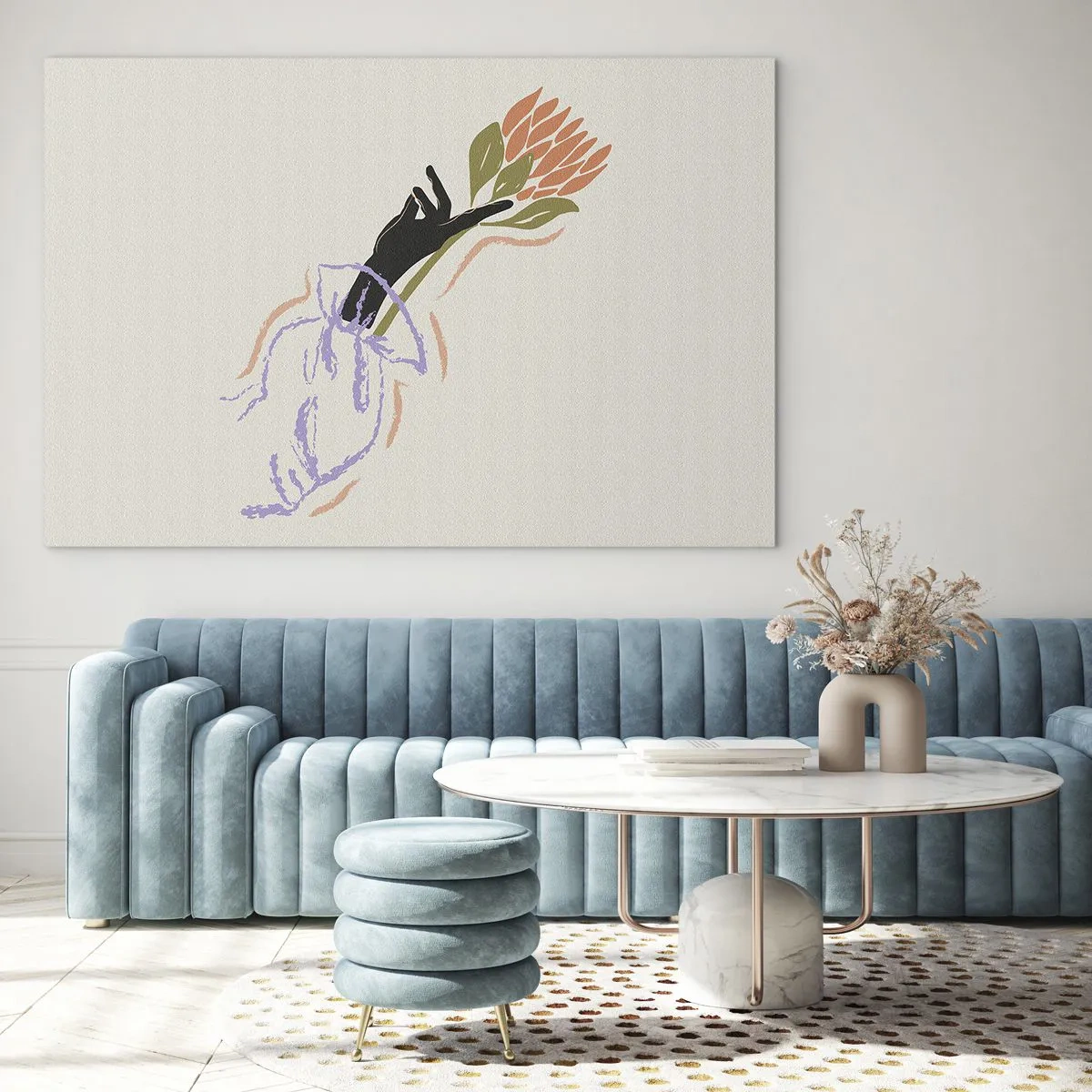 Glasbild - Bild auf glas - Eine stilisierte Hand mit einem Blumenstrauß, gezeichnet mit Pastelllinien. - 70x50cm - Schwesterliche Berührung - Moderne Wanddekoration für Wohnzimmer und Schlafzimmer ARTTOR