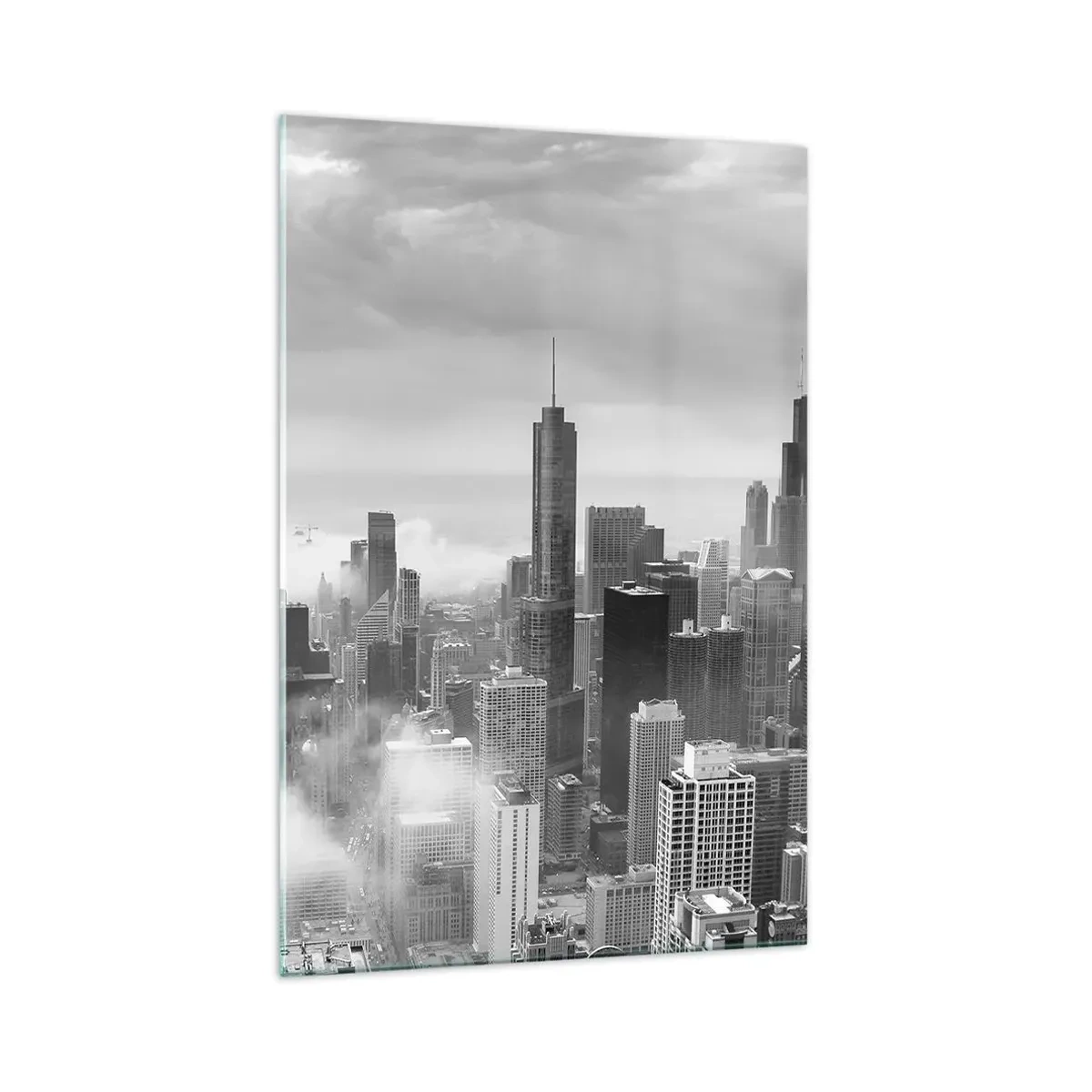 Glasbild - Bild auf glas - Stadtpanorama mit Wolkenkratzern in den Wolken in Schwarzweiß - 70x100cm - Amerikanische Landschaft - Moderne Wanddekoration für Wohnzimmer und Schlafzimmer ARTTOR