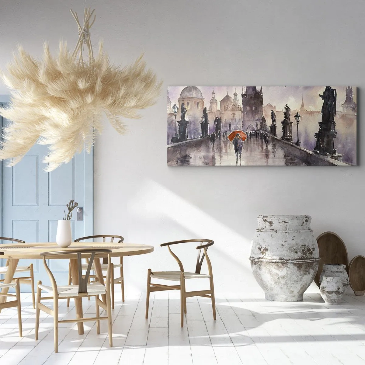 Bild auf Leinwand - Leinwandbild - Romantischer Blick auf eine Brücke mit einem Regenschirm vor der Kulisse einer abendlichen Stadt - 160x50cm - Leute verändern sich nicht - Moderne Wanddekoration für Wohnzimmer und Schlafzimmer ARTTOR