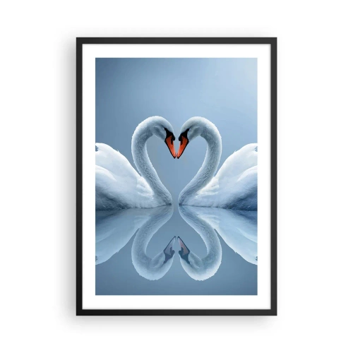 Poster in einem schwarzem Rahmen - Herzförmige Schwäne vor dem Himmel - 50x70cm - Zeit für die Liebe - Moderne Wanddekoration für Wohnzimmer und Schlafzimmer ARTTOR
