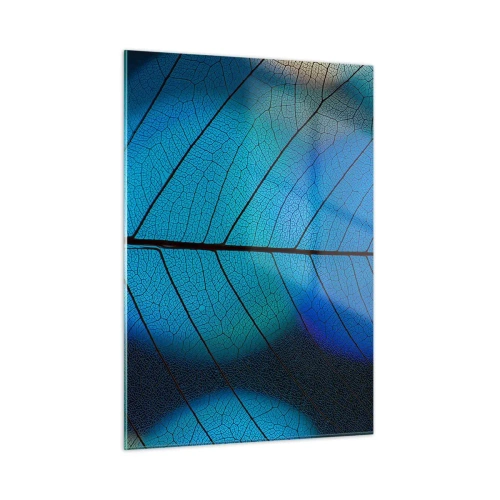 Glasbild - Bild auf glas - Eine Nahaufnahme eines blauen Blattes, die die Blattaderstruktur zeigt. - 50x70cm - Komplizierte Konstruktion - Moderne Wanddekoration für Wohnzimmer und Schlafzimmer ARTTOR