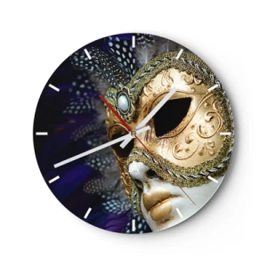 Wanduhr - Glasuhr - Goldene venezianische Maske mit Federn - 30x30cm - Venezianisches Porträt in Gold - Moderne Wanddekoration für Wohnzimmer, Küche und Schlafzimmer ARTTOR