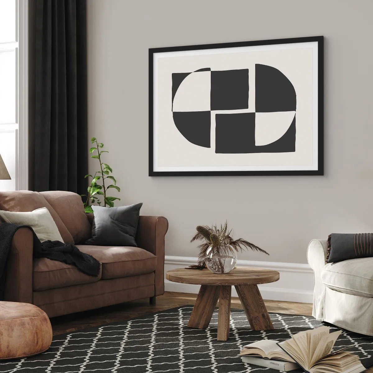 Poster in einem schwarzem Rahmen - Abstrakte geometrische Formen in Schwarz und Weiß - 100x70cm - Antithese - Synthese - Moderne Wanddekoration für Wohnzimmer und Schlafzimmer ARTTOR