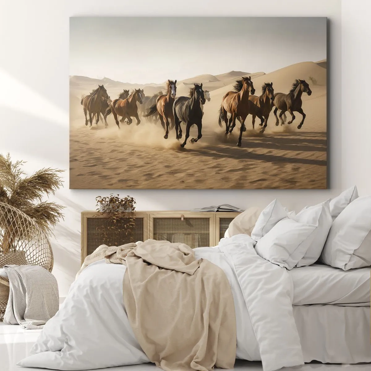 Bild auf Leinwand - Leinwandbild - Galoppierende Pferde vor Wüstenhintergrund - 70x50cm - Frei wie der Wind - Moderne Wanddekoration für Wohnzimmer und Schlafzimmer ARTTOR