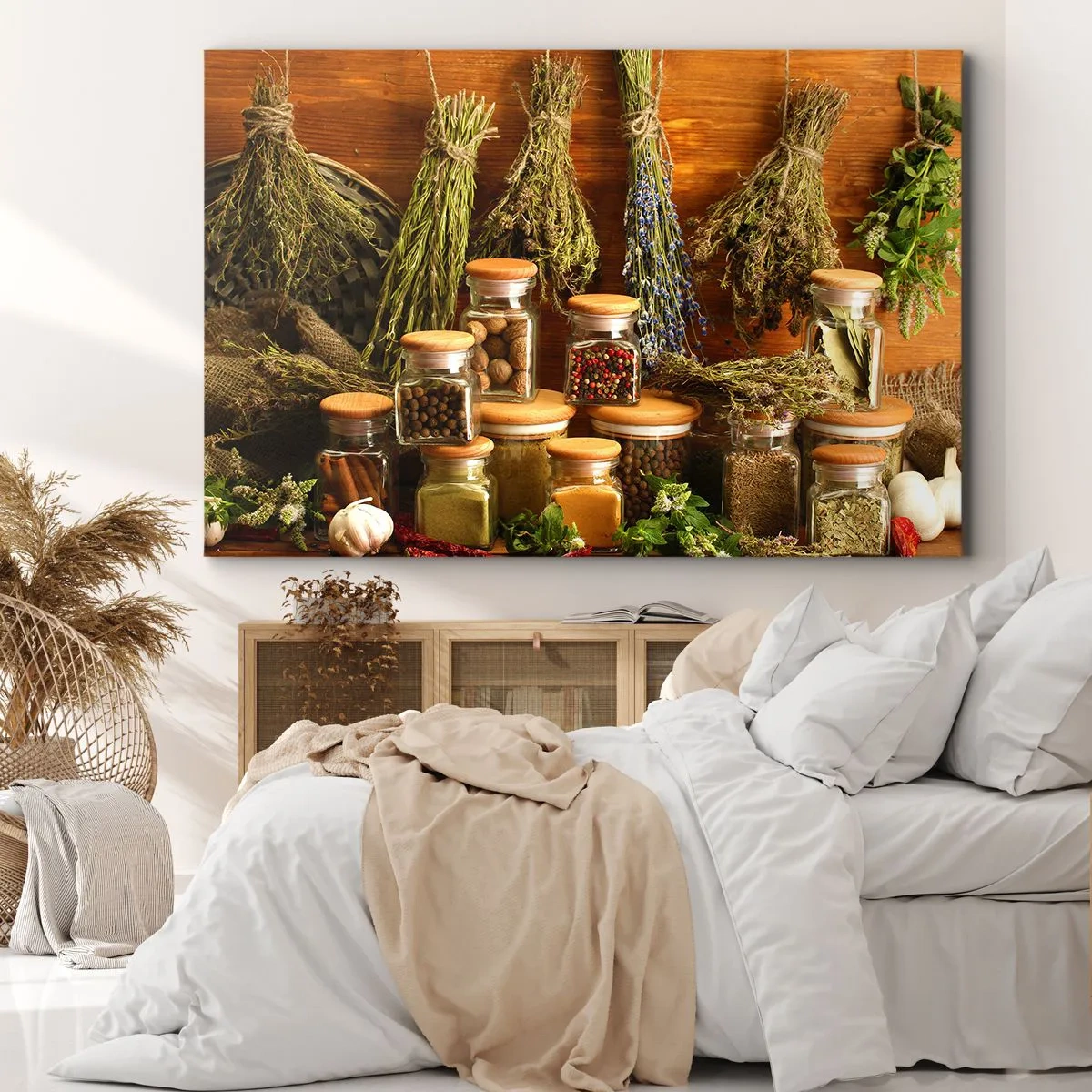 Bild auf Leinwand - Leinwandbild - Kräuter und Gewürze in Gläsern auf rustikalem Hintergrund - 70x50cm - Küchenzauber - Moderne Wanddekoration für Wohnzimmer und Schlafzimmer ARTTOR